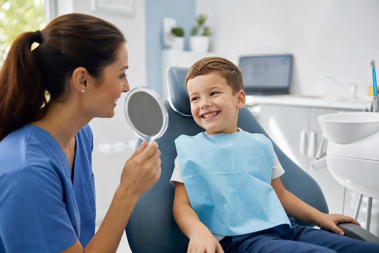 A smiling young boy sitting comfortably in a dental chair while a dental hygienist holds a hand mirror beside him