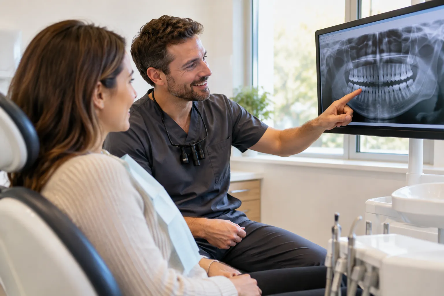 A smiling dentist in dark scrubs points to a panoramic jaw X-ray on a monitor while a patient in the dental chair looks on, in a bright treatment room